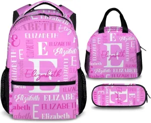 School Backpacks with Lunch Box Set, Custom Name Kids Backpack for Students Girls, Pink Bookbag with Pencil Case Bundle for Travel, Camping, Back to School Matching Combo Supplies Gifts