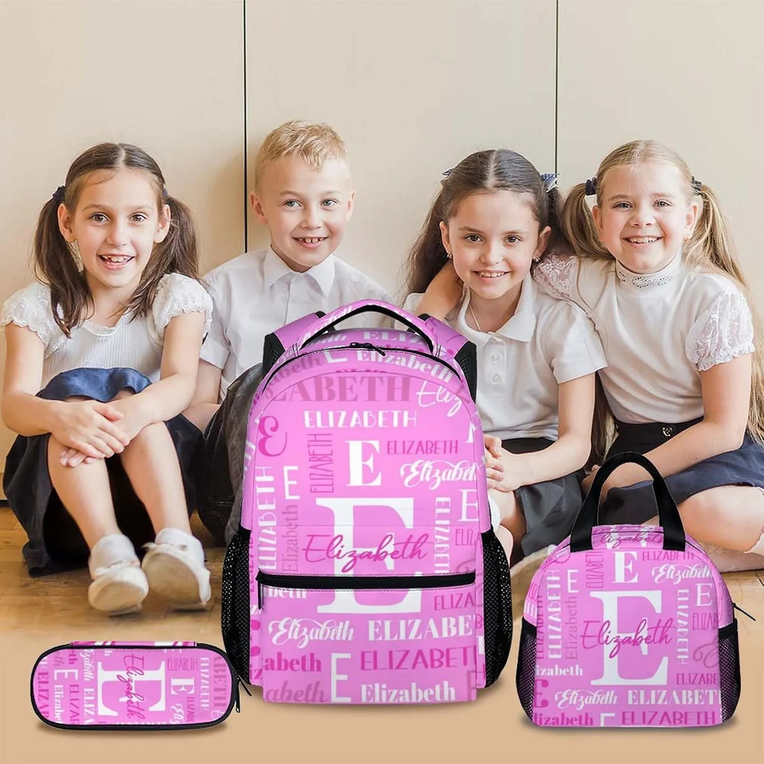 School Backpacks with Lunch Box Set, Custom Name Kids Backpack for Students Girls, Pink Bookbag with Pencil Case Bundle for Travel, Camping, Back to School Matching Combo Supplies Gifts