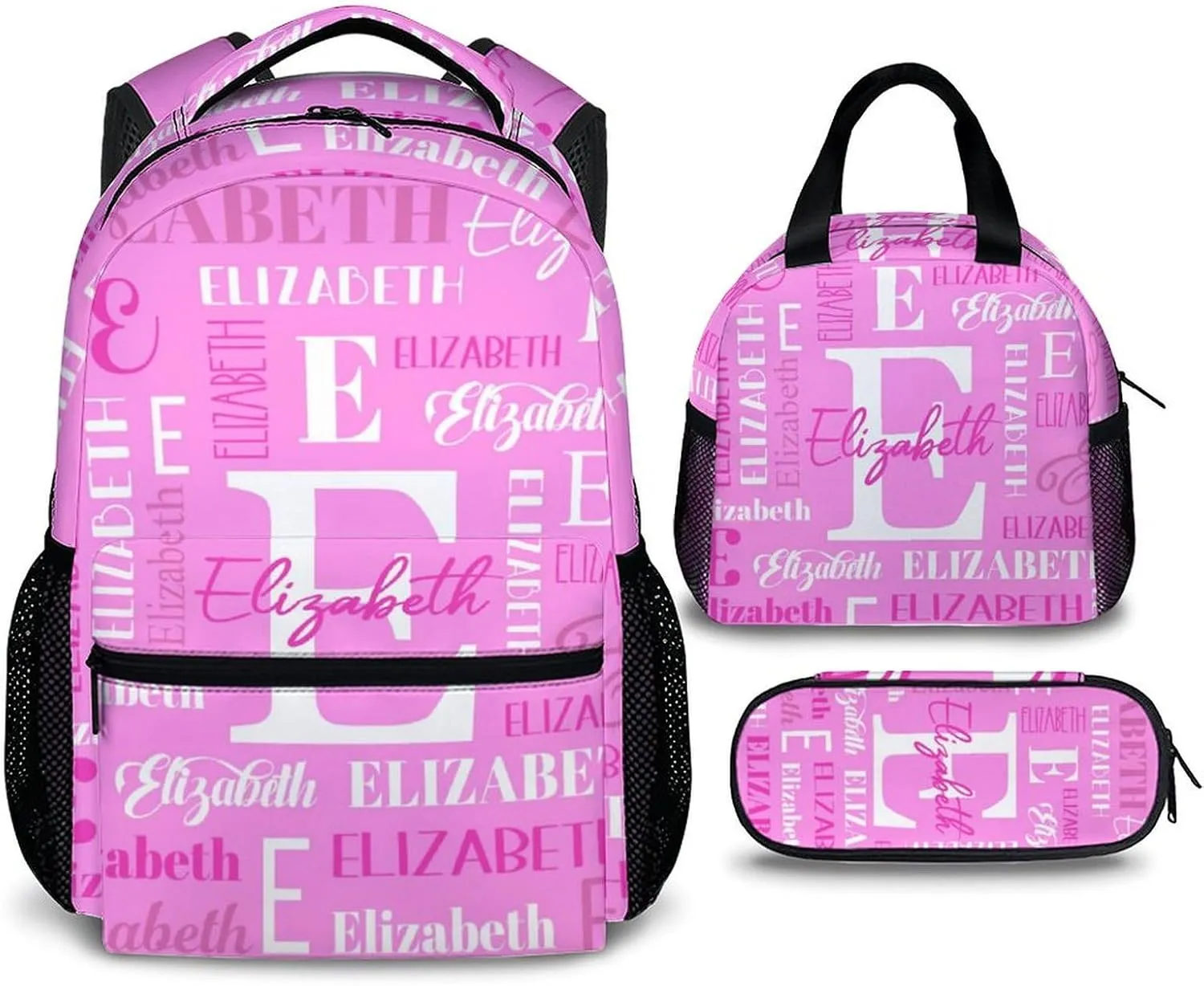 School Backpacks with Lunch Box Set, Custom Name Kids Backpack for Students Girls, Pink Bookbag with Pencil Case Bundle for Travel, Camping, Back to School Matching Combo Supplies Gifts