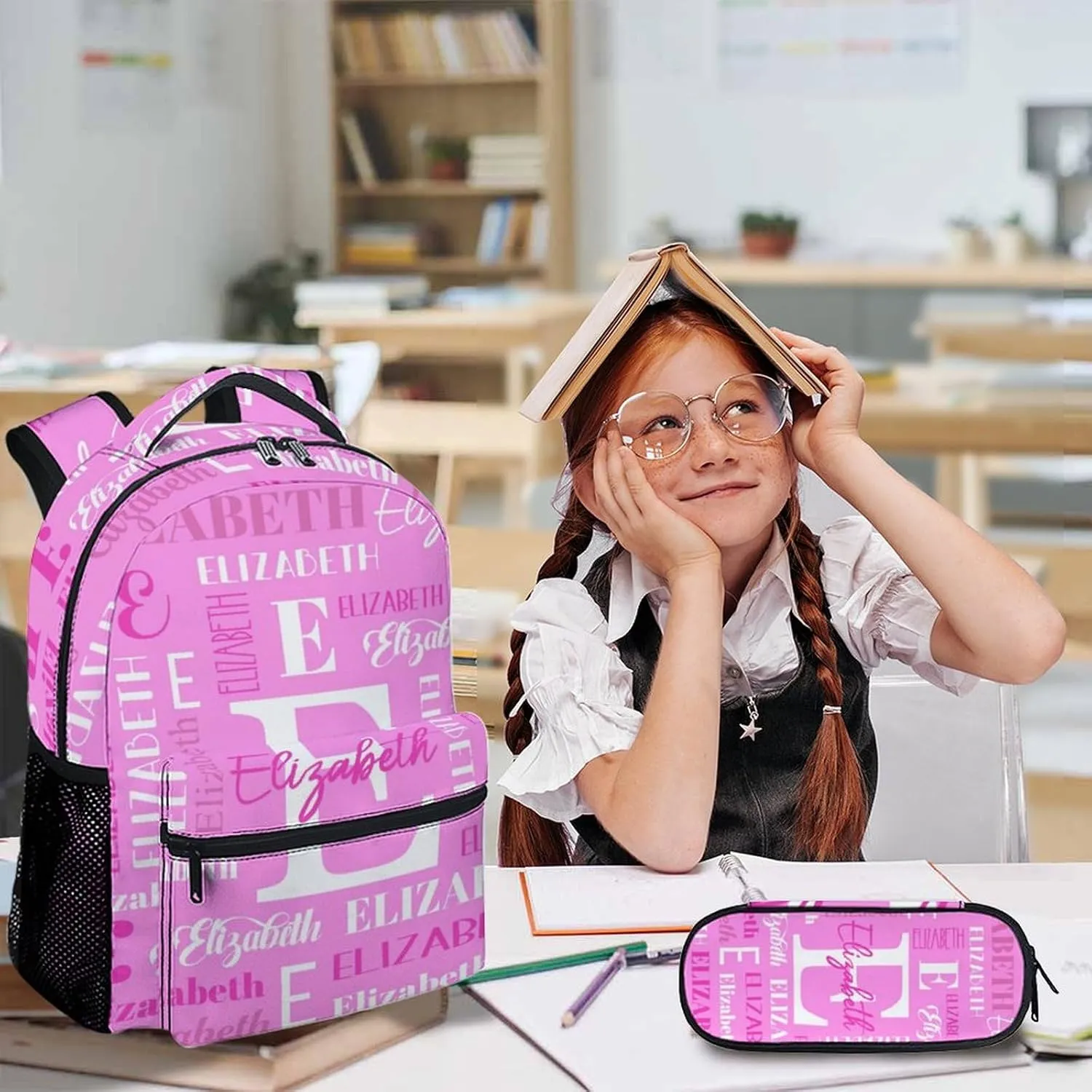 School Backpacks with Lunch Box Set, Custom Name Kids Backpack for Students Girls, Pink Bookbag with Pencil Case Bundle for Travel, Camping, Back to School Matching Combo Supplies Gifts