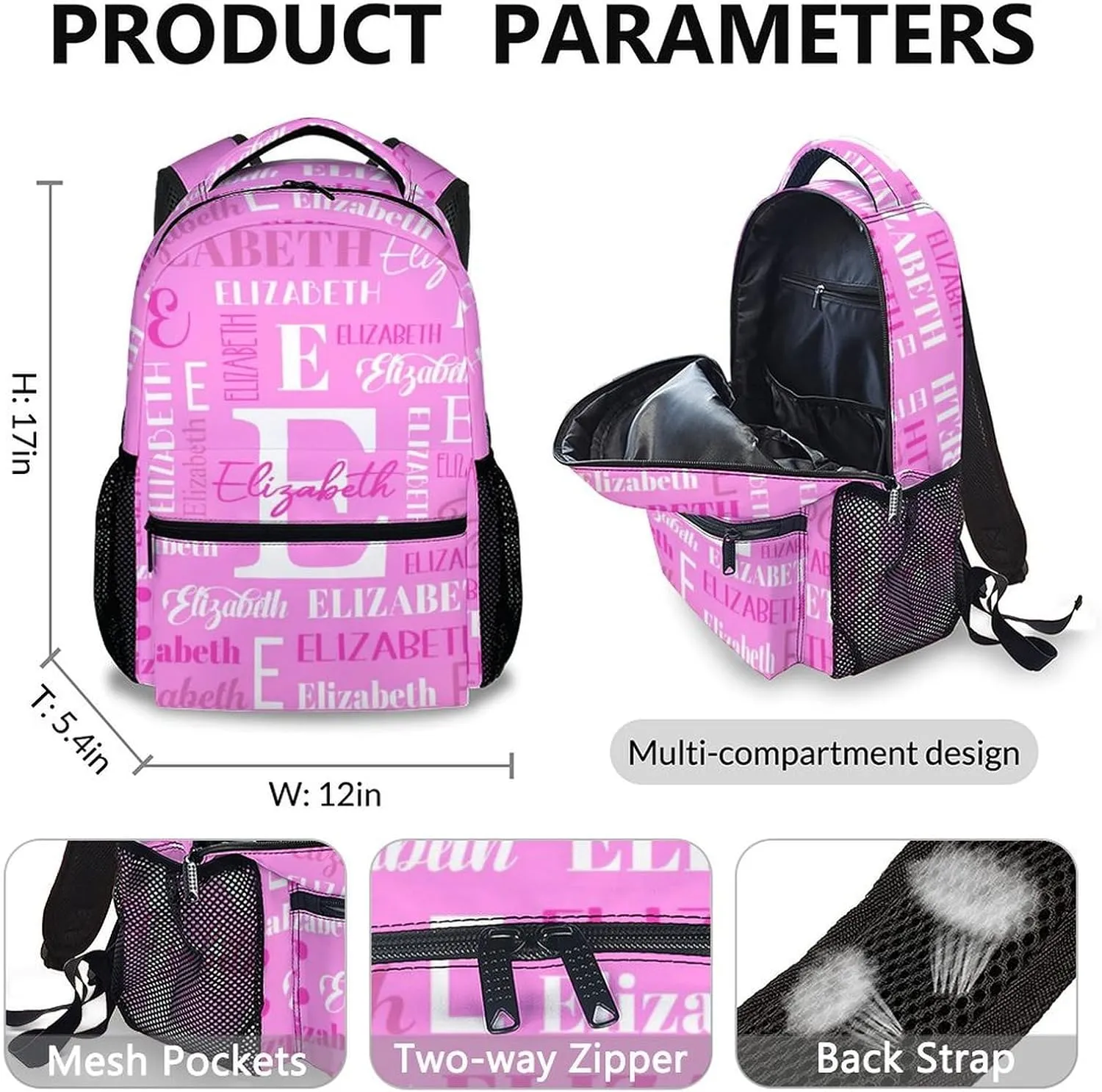School Backpacks with Lunch Box Set, Custom Name Kids Backpack for Students Girls, Pink Bookbag with Pencil Case Bundle for Travel, Camping, Back to School Matching Combo Supplies Gifts