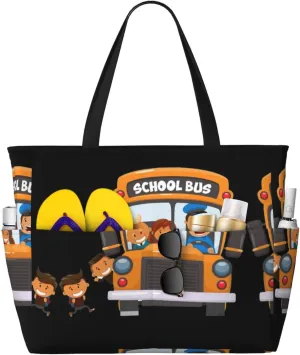 School Bus Print Large Tote Bag For Women, Travel Shoulder Bag Handle Handbag For Gym, Work, Travel