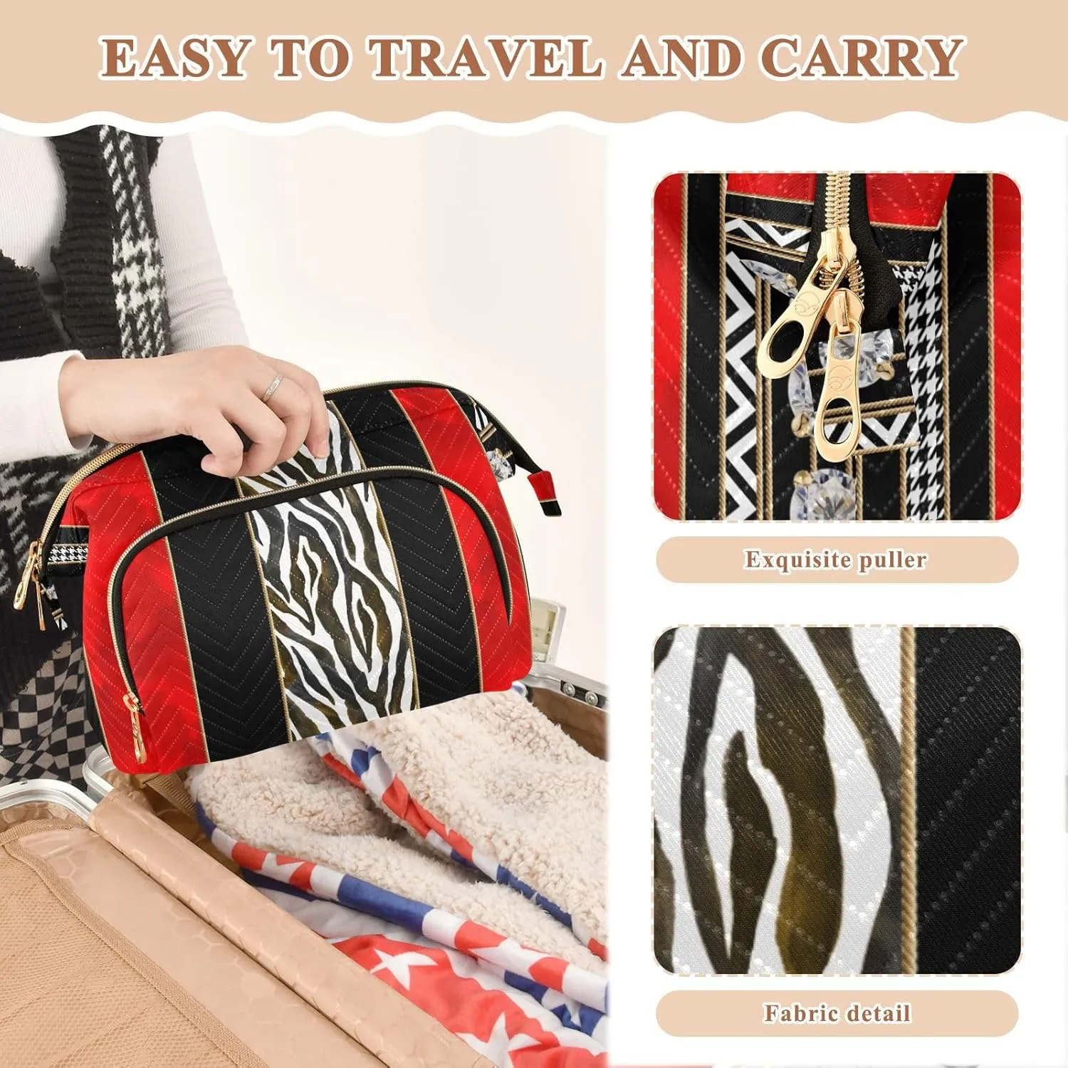 Seamless Zebra Diamonds Black Red Vertical Stripes Women Cosmetic Bag Makeup Bag Stylish Trip Beauty Bag Travel Toiletry Bag with Bottle Organizer 10.2 x 5.9 x 6.7 inch
