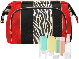 Seamless Zebra Diamonds Black Red Vertical Stripes Women Cosmetic Bag Makeup Bag Stylish Trip Beauty Bag Travel Toiletry Bag with Bottle Organizer 10.2 x 5.9 x 6.7 inch