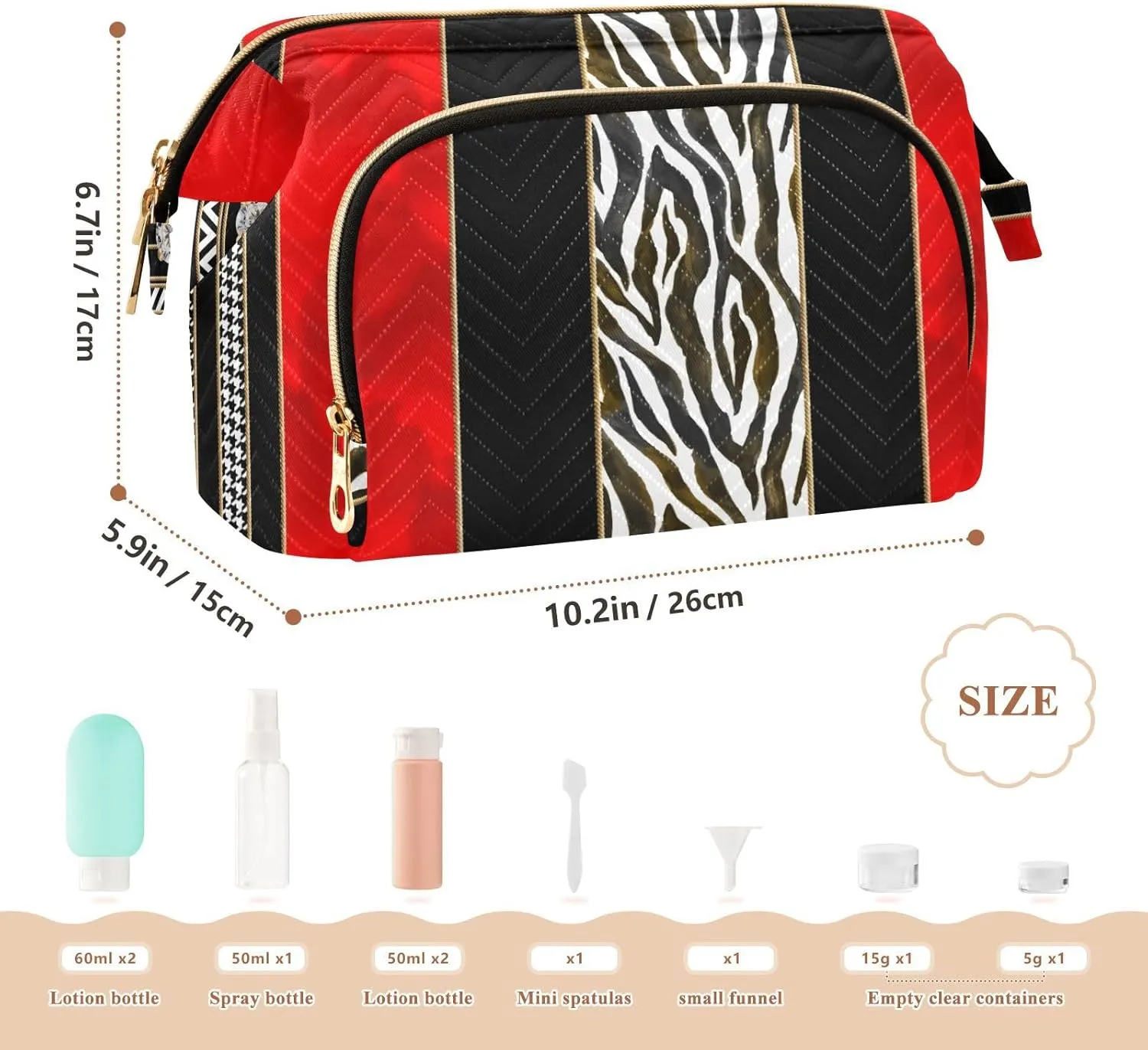 Seamless Zebra Diamonds Black Red Vertical Stripes Women Cosmetic Bag Makeup Bag Stylish Trip Beauty Bag Travel Toiletry Bag with Bottle Organizer 10.2 x 5.9 x 6.7 inch