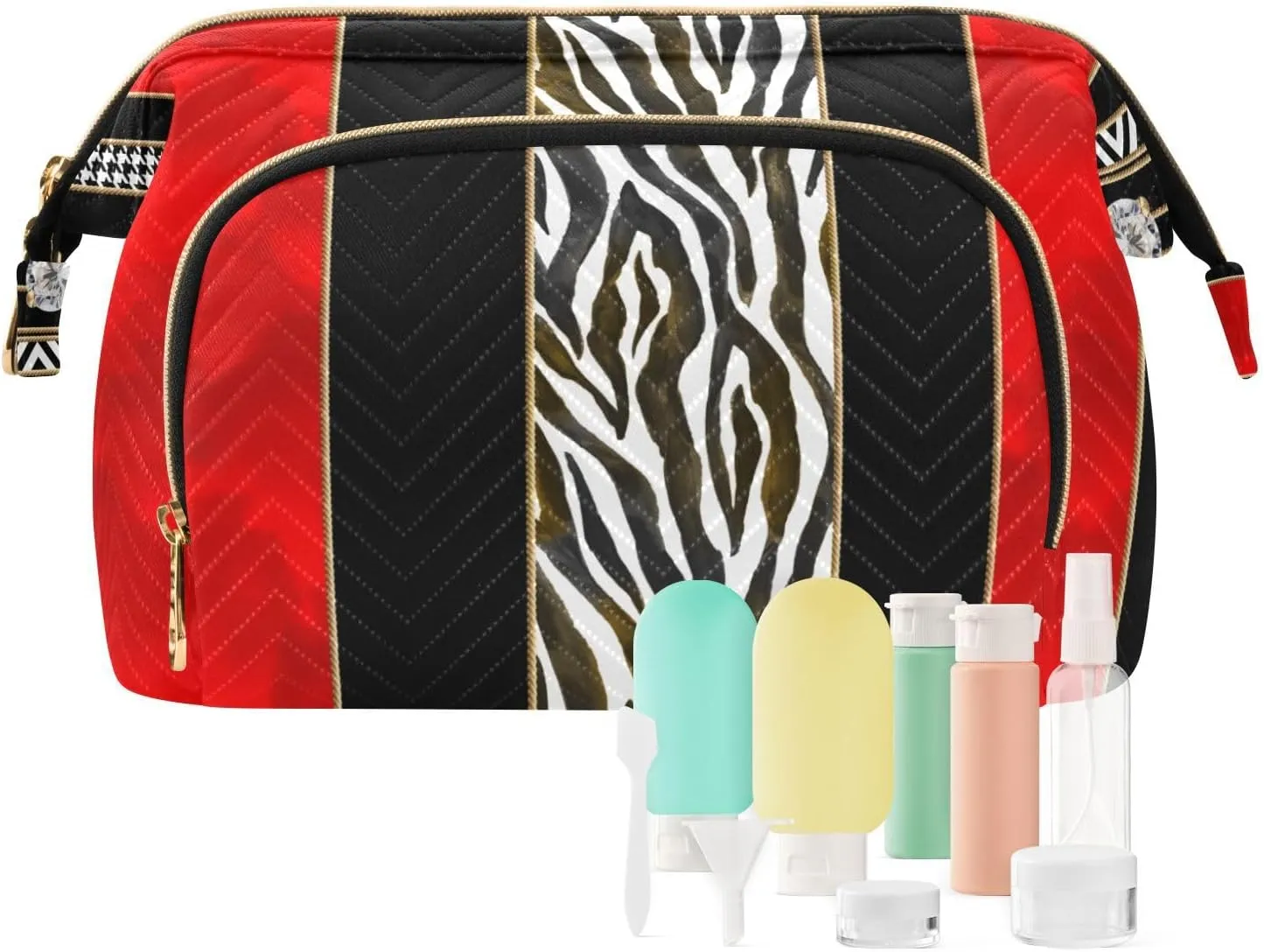 Seamless Zebra Diamonds Black Red Vertical Stripes Women Cosmetic Bag Makeup Bag Stylish Trip Beauty Bag Travel Toiletry Bag with Bottle Organizer 10.2 x 5.9 x 6.7 inch