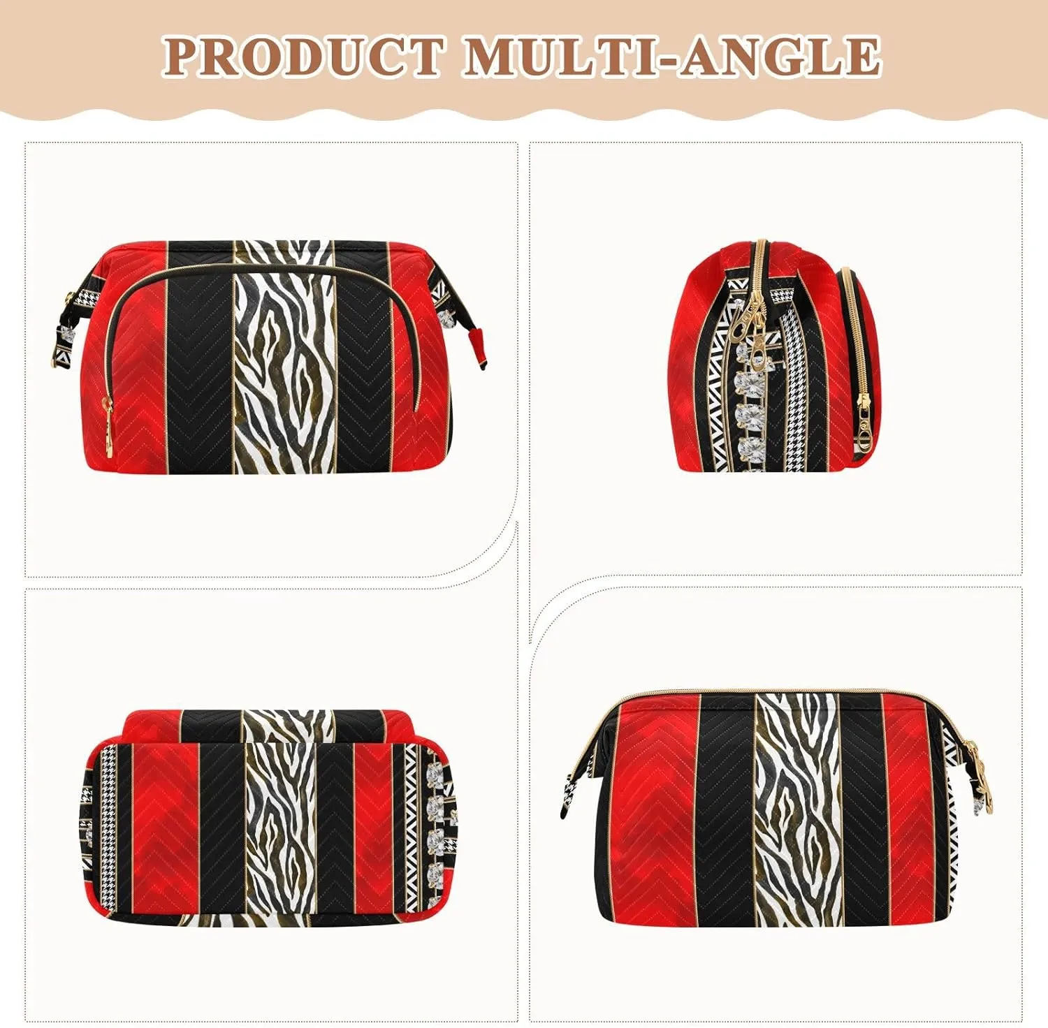 Seamless Zebra Diamonds Black Red Vertical Stripes Women Cosmetic Bag Makeup Bag Stylish Trip Beauty Bag Travel Toiletry Bag with Bottle Organizer 10.2 x 5.9 x 6.7 inch