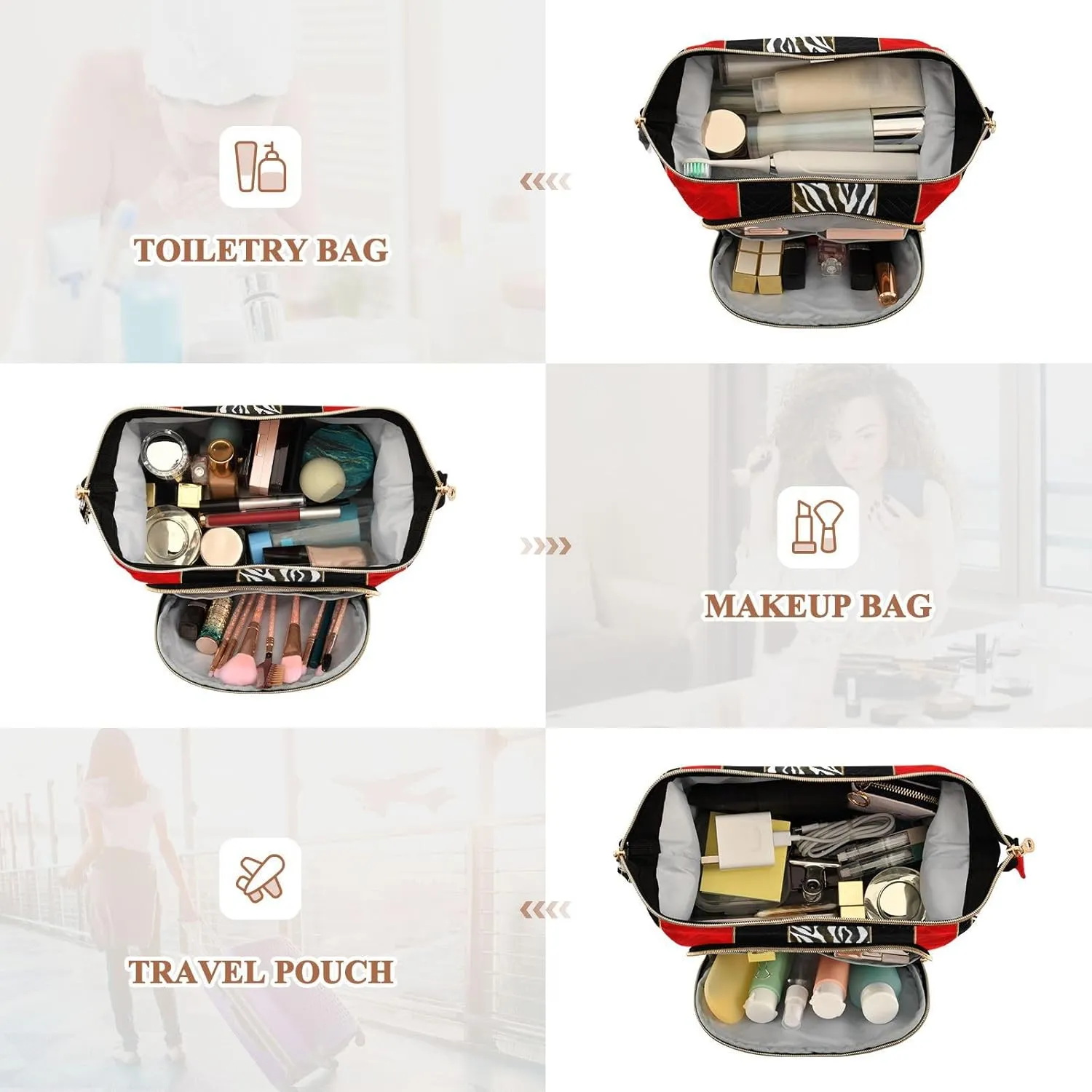 Seamless Zebra Diamonds Black Red Vertical Stripes Women Cosmetic Bag Makeup Bag Stylish Trip Beauty Bag Travel Toiletry Bag with Bottle Organizer 10.2 x 5.9 x 6.7 inch