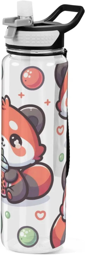 senya Cute Red Panda Sport Water Bottle with Straw Tritan Clear Bottle for Outdoor Gym Travel