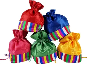 Seoulful Vintage Korean Bokjumeoni Lucky Pouches - 5-Piece Set with Saekdong Stripes and Flat Bottom Design - Traditional Korean Color Block Hanbok Gifts Bag