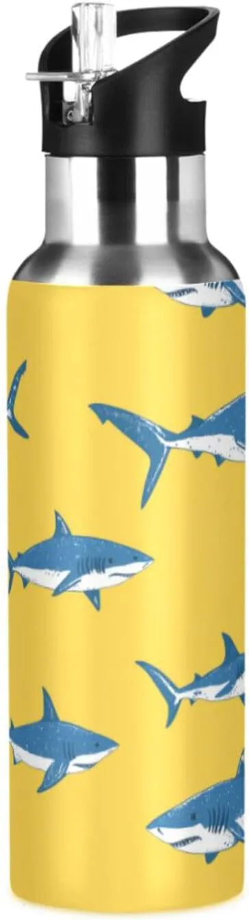 Sharks Swimming Water Bottle with Straw Lid Double Wall Yellow Thermos Bottle Vacuum Insulated Flask Stainless Steel Water Bottle for Gym Outdoor 20 OZ