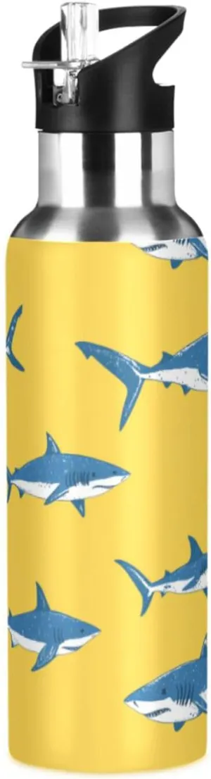Sharks Swimming Water Bottle with Straw Lid Double Wall Yellow Thermos Bottle Vacuum Insulated Flask Stainless Steel Water Bottle for Gym Outdoor 20 OZ