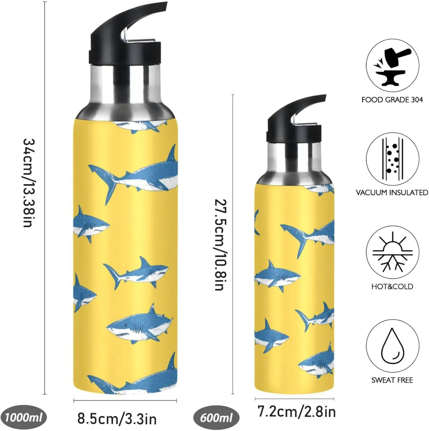 Sharks Swimming Water Bottle with Straw Lid Double Wall Yellow Thermos Bottle Vacuum Insulated Flask Stainless Steel Water Bottle for Gym Outdoor 20 OZ