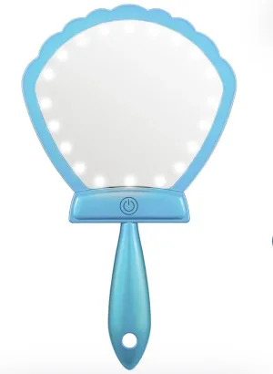Shell-Shaped Hand Mirror with LED Lights, Blue, Handheld Vanity Mirror with Power Button