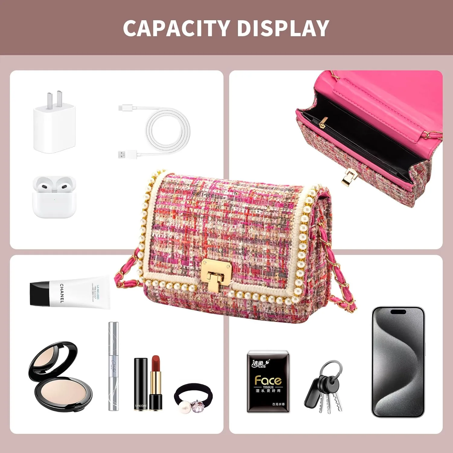 Shoulder Bag Chain Purse for Women, Fashion Clutch Crossbody Bag Retro Tweed Pearl Underarm Bag Square Satchel Handbag