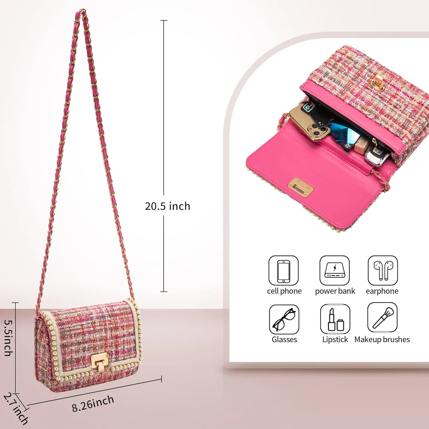 Shoulder Bag Chain Purse for Women, Fashion Clutch Crossbody Bag Retro Tweed Pearl Underarm Bag Square Satchel Handbag