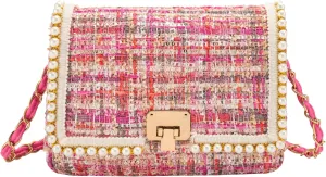 Shoulder Bag Chain Purse for Women, Fashion Clutch Crossbody Bag Retro Tweed Pearl Underarm Bag Square Satchel Handbag