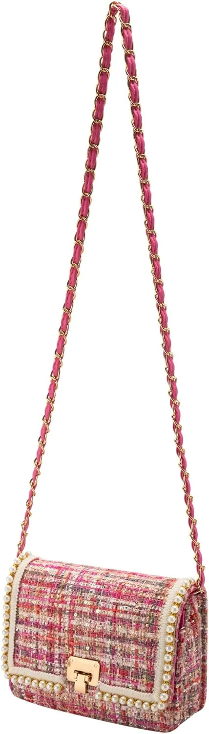 Shoulder Bag Chain Purse for Women, Fashion Clutch Crossbody Bag Retro Tweed Pearl Underarm Bag Square Satchel Handbag