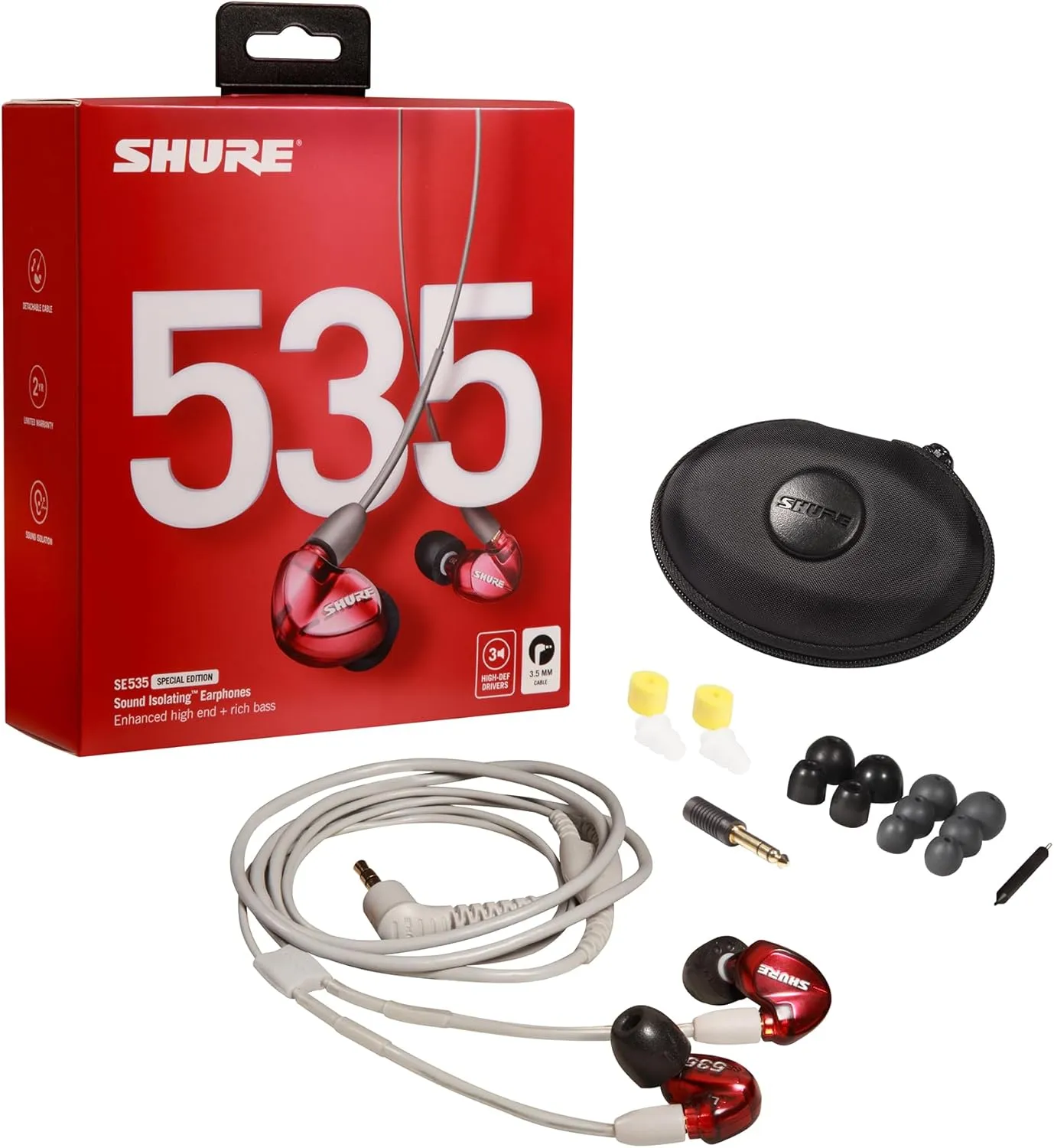 Shure SE535LTD Professional Wired Sound Isolating Earbuds, High Definition Sound   Natural Bass, Three Drivers, Secure in-Ear Fit, Detachable Cable, Durable Quality - Red
