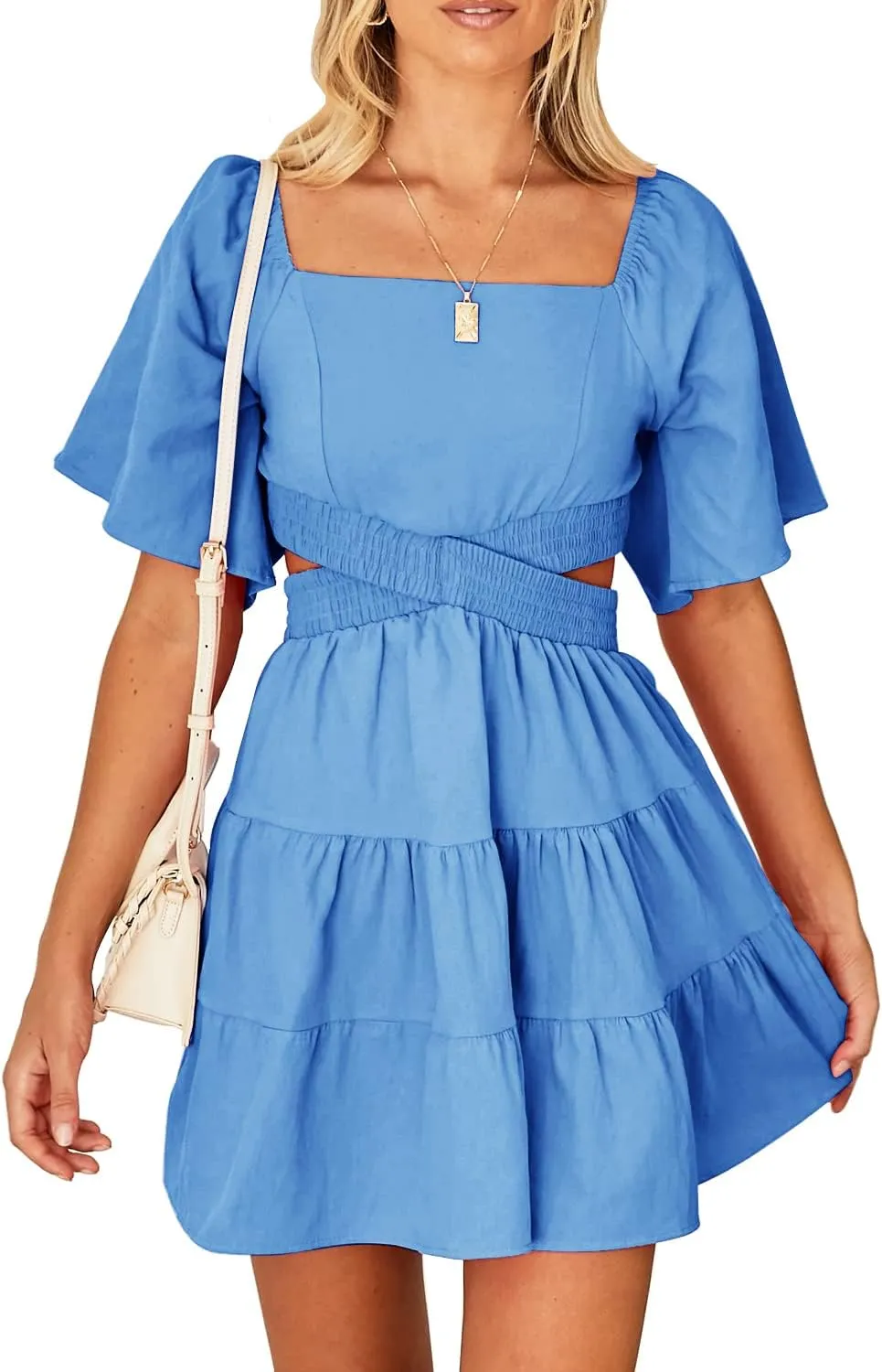 Shy Velvet Women's Summer Dress Square Neck Short Sleeves Crossover Waist Casual Party Mini Dress