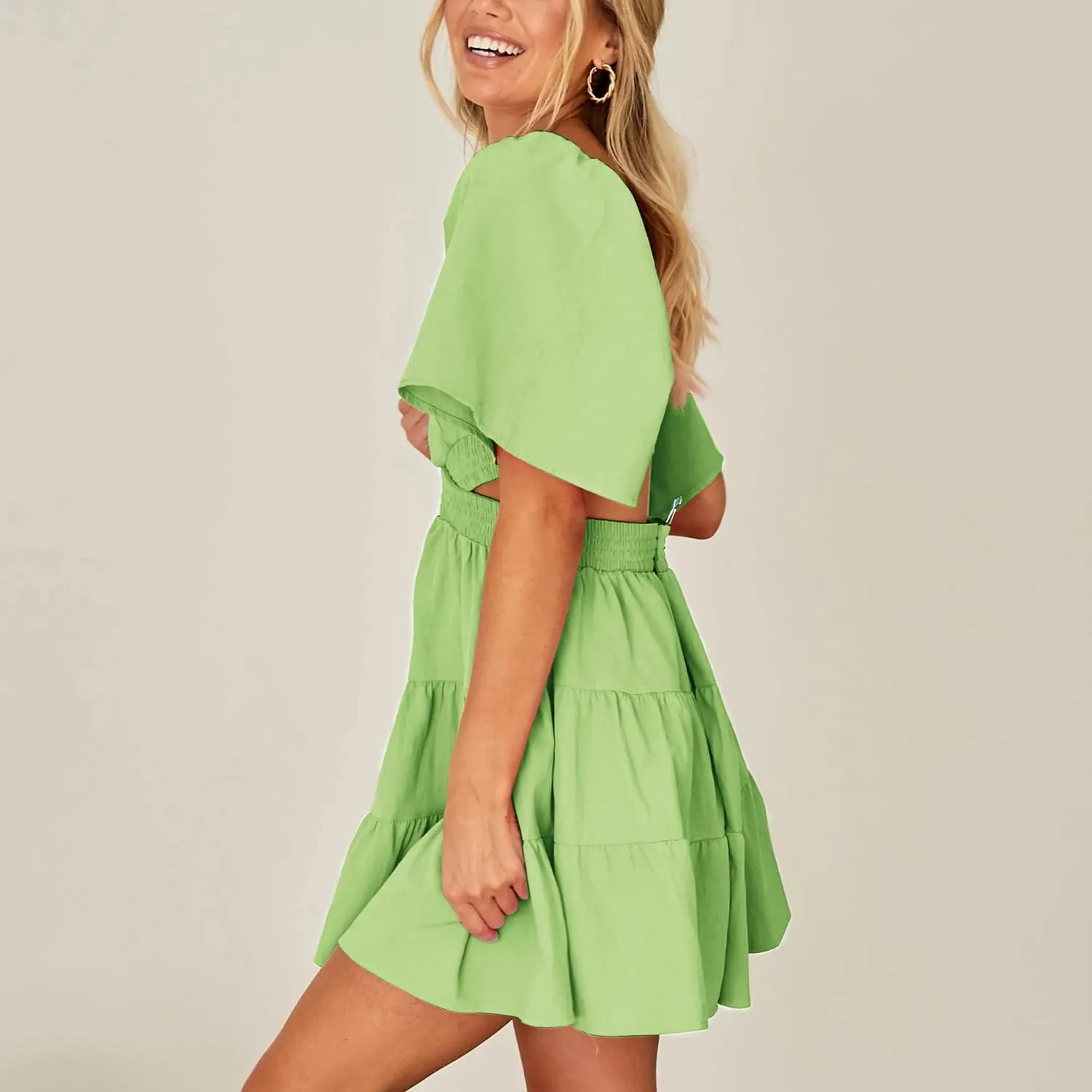 Shy Velvet Women's Summer Dress Square Neck Short Sleeves Crossover Waist Casual Party Mini Dress