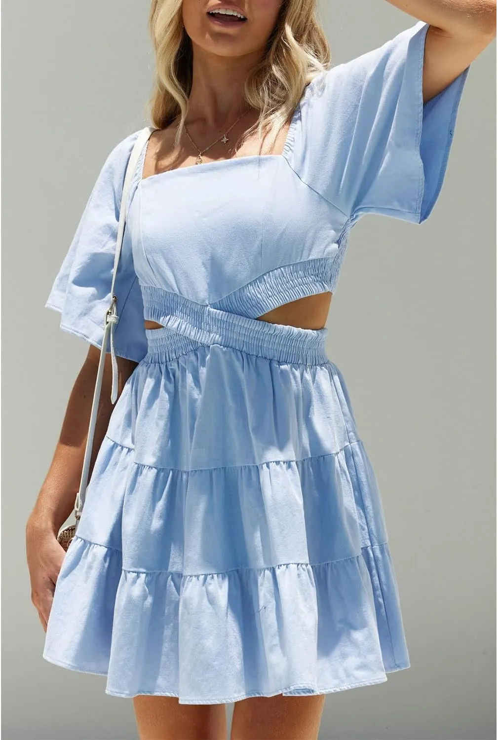 Shy Velvet Women's Summer Dress Square Neck Short Sleeves Crossover Waist Casual Party Mini Dress