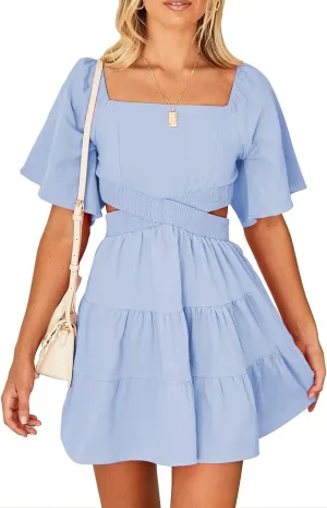 Shy Velvet Women's Summer Dress Square Neck Short Sleeves Crossover Waist Casual Party Mini Dress