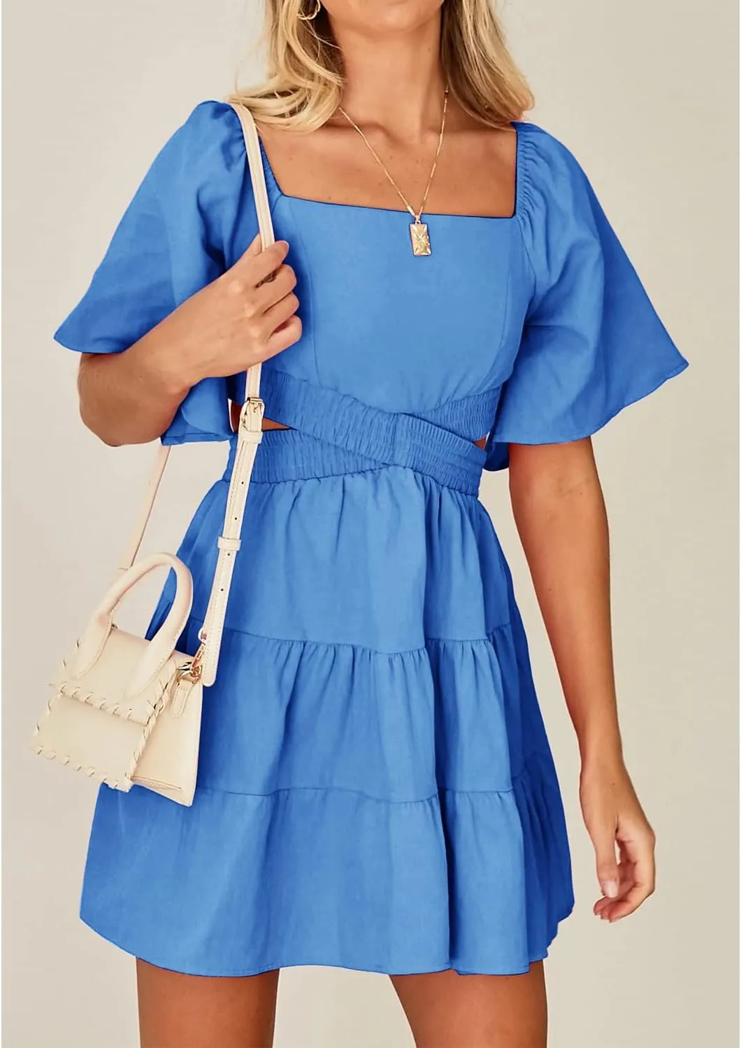 Shy Velvet Women's Summer Dress Square Neck Short Sleeves Crossover Waist Casual Party Mini Dress