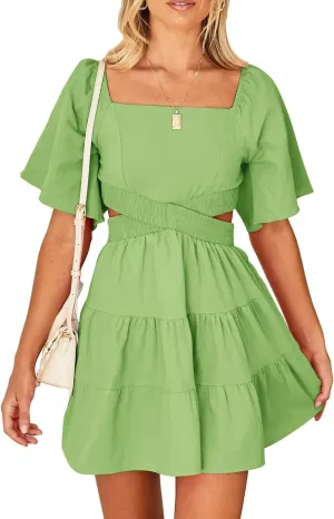 Shy Velvet Women's Summer Dress Square Neck Short Sleeves Crossover Waist Casual Party Mini Dress