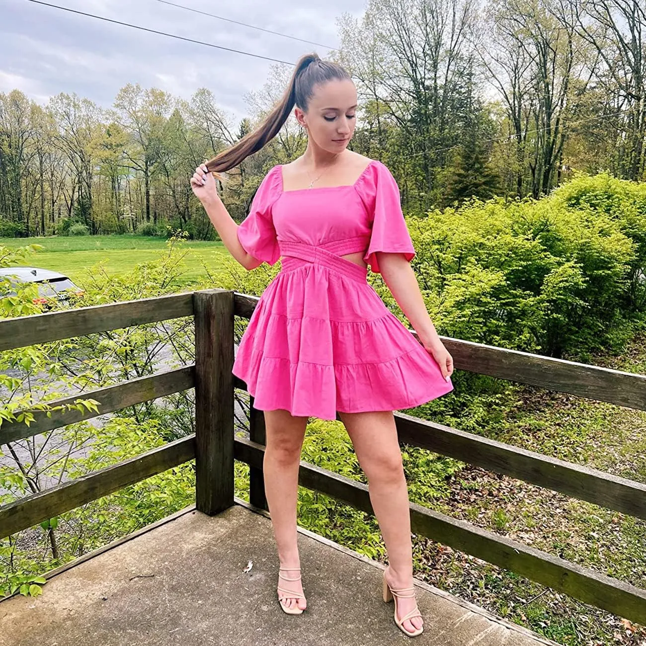 Shy Velvet Women's Summer Dress Square Neck Short Sleeves Crossover Waist Casual Party Mini Dress