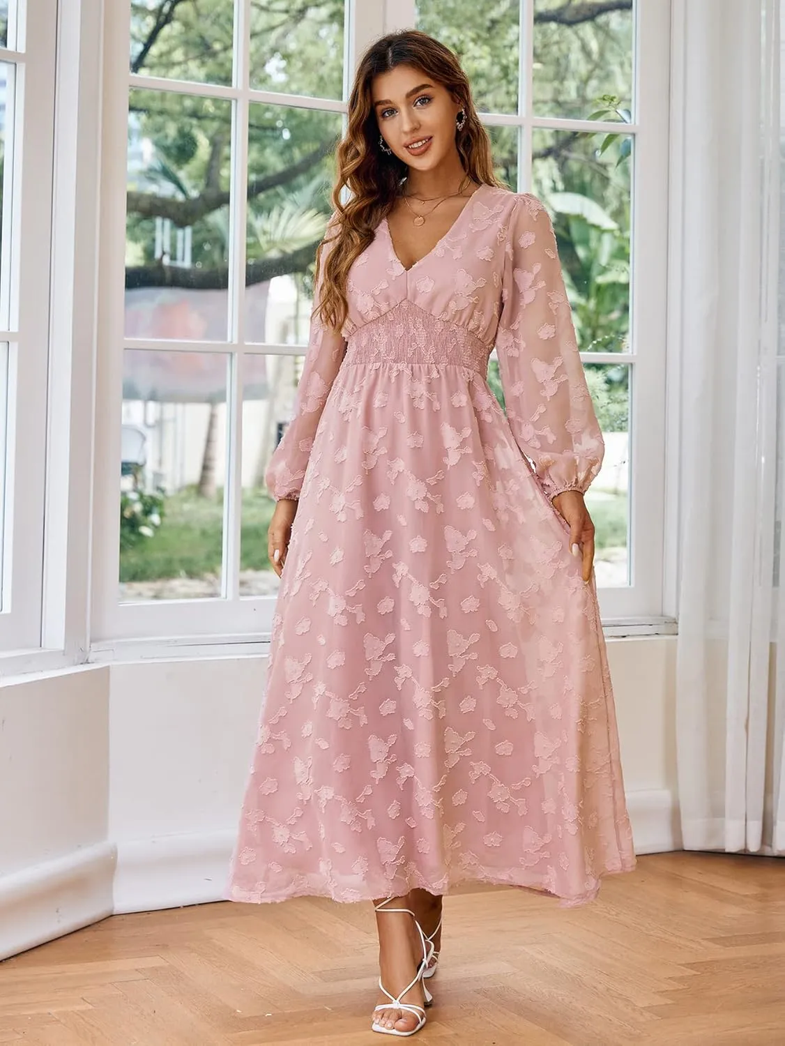 Simplee Women's Boho Floral Maxi Dress Flowy Casual V Neck Short Sleeve Wedding Guest Holiday Beach Long Dress