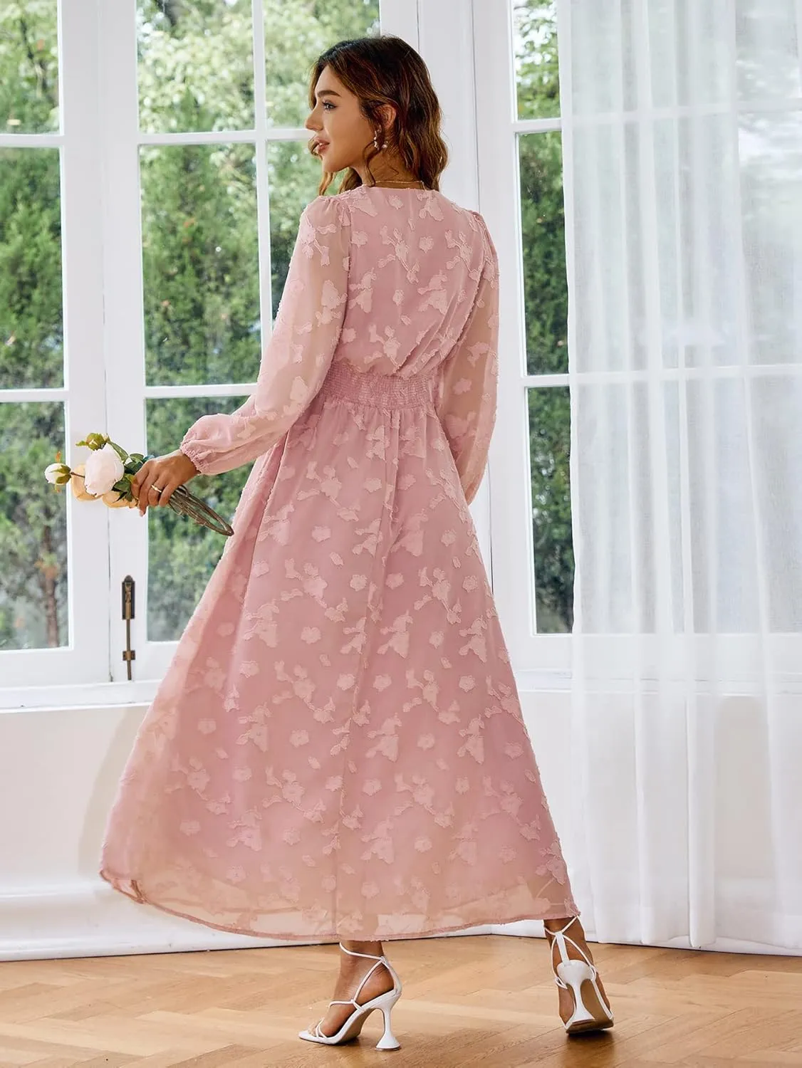 Simplee Women's Boho Floral Maxi Dress Flowy Casual V Neck Short Sleeve Wedding Guest Holiday Beach Long Dress
