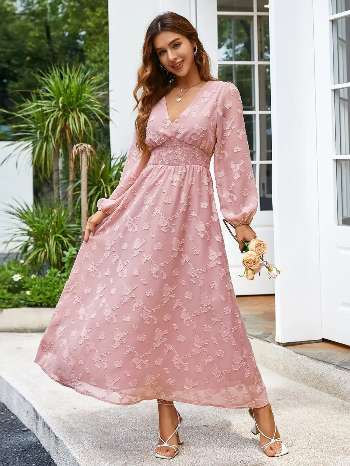 Simplee Women's Boho Floral Maxi Dress Flowy Casual V Neck Short Sleeve Wedding Guest Holiday Beach Long Dress