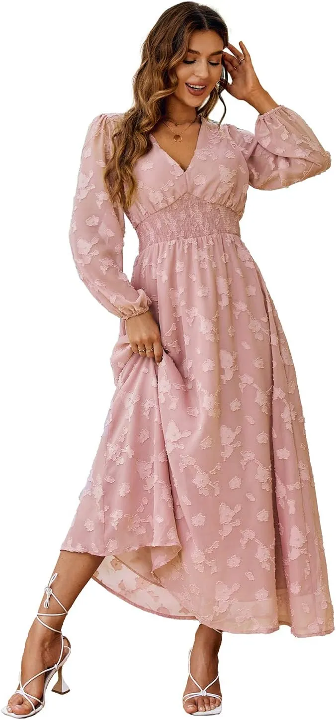 Simplee Women's Boho Floral Maxi Dress Flowy Casual V Neck Short Sleeve Wedding Guest Holiday Beach Long Dress