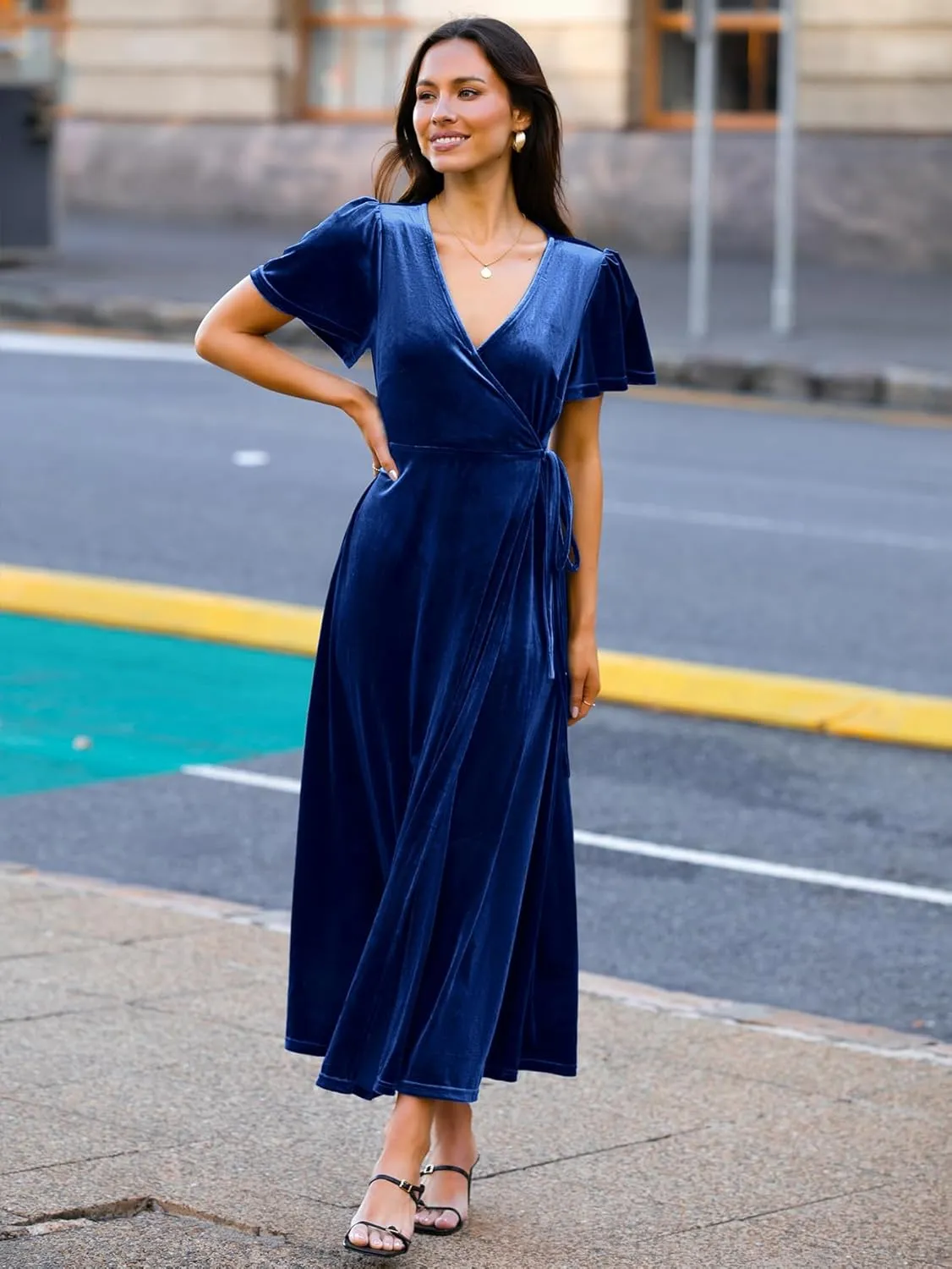 Simplee Women's Formal V Neck Wrap Short Sleeve Velvet Maxi Dress Elegant Bell Sleeve Slit Party Long Dresses