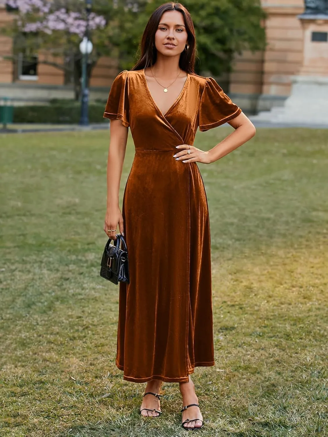 Simplee Women's Formal V Neck Wrap Short Sleeve Velvet Maxi Dress Elegant Bell Sleeve Slit Party Long Dresses
