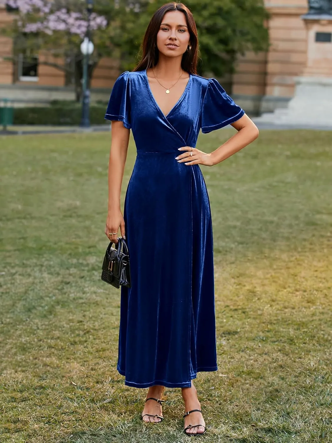 Simplee Women's Formal V Neck Wrap Short Sleeve Velvet Maxi Dress Elegant Bell Sleeve Slit Party Long Dresses