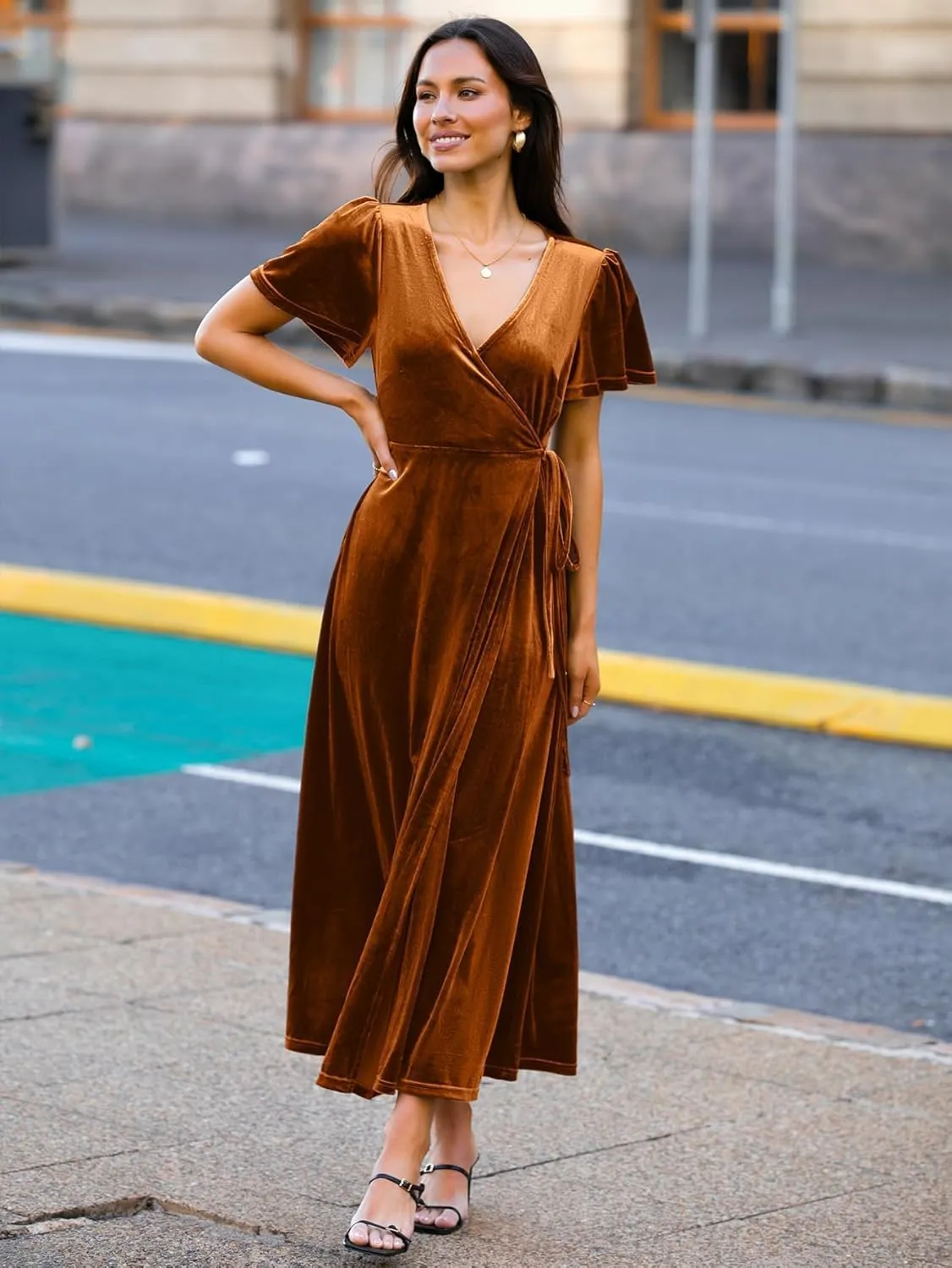 Simplee Women's Formal V Neck Wrap Short Sleeve Velvet Maxi Dress Elegant Bell Sleeve Slit Party Long Dresses