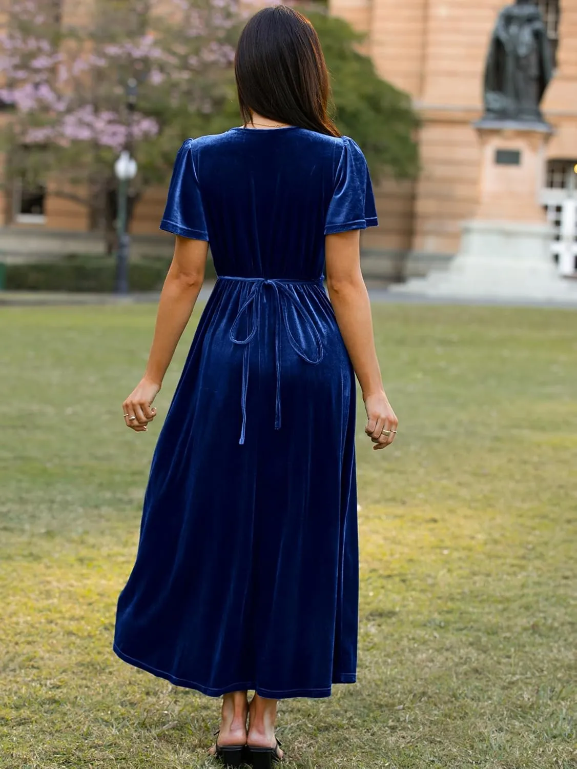 Simplee Women's Formal V Neck Wrap Short Sleeve Velvet Maxi Dress Elegant Bell Sleeve Slit Party Long Dresses