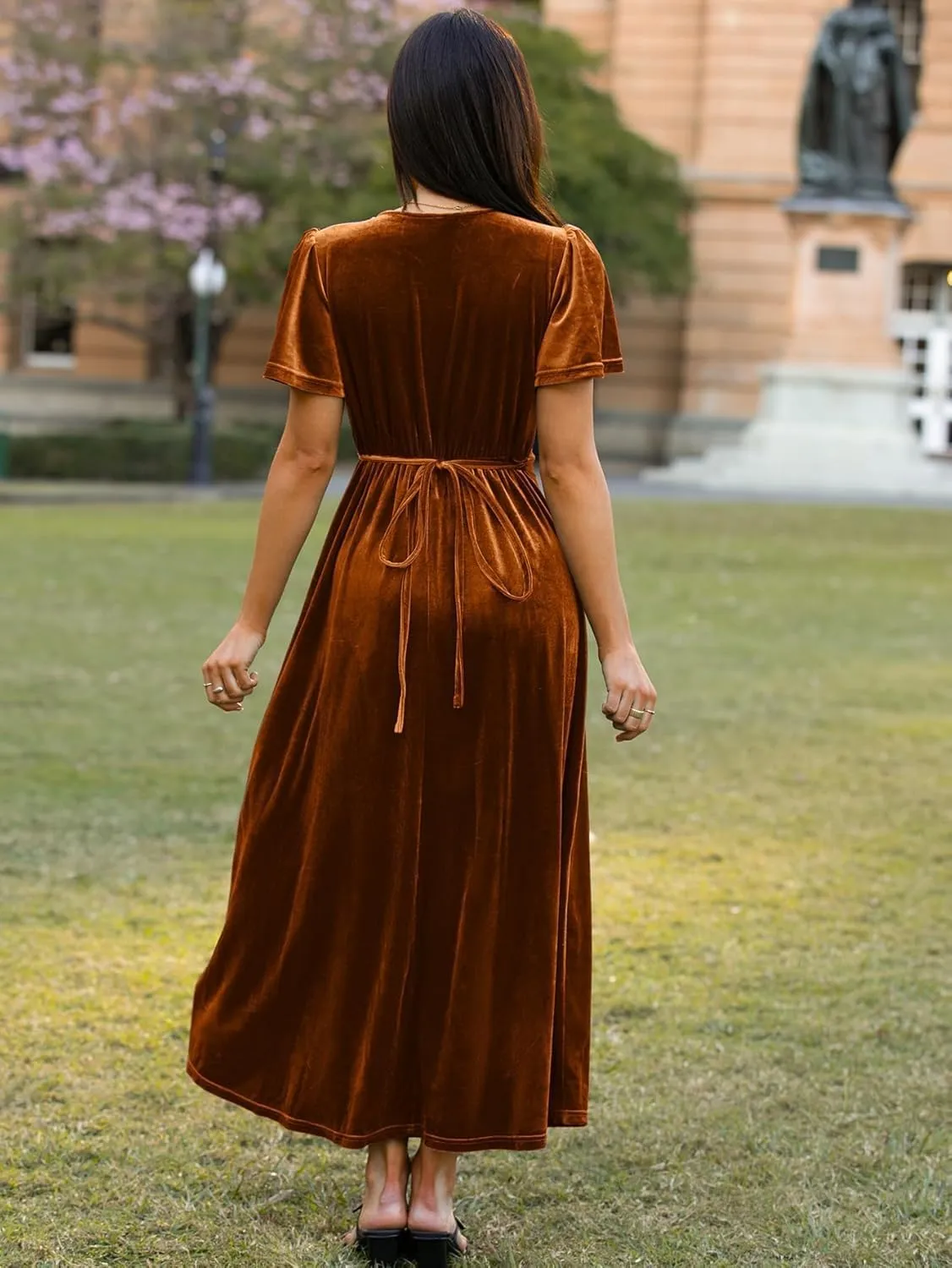 Simplee Women's Formal V Neck Wrap Short Sleeve Velvet Maxi Dress Elegant Bell Sleeve Slit Party Long Dresses
