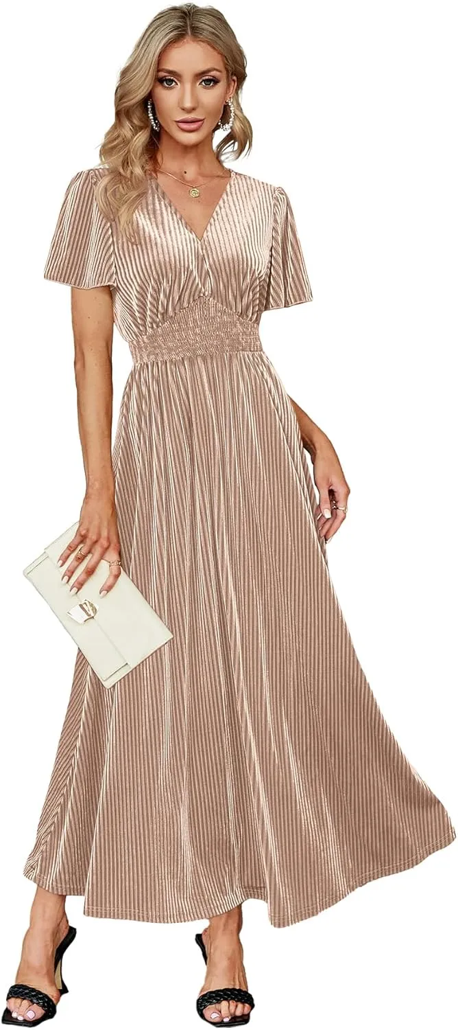 Simplee Women’s V Neck Velvet Maxi Dress Short Sleeve Empire Waist Long Formal Dress for Wedding Guest