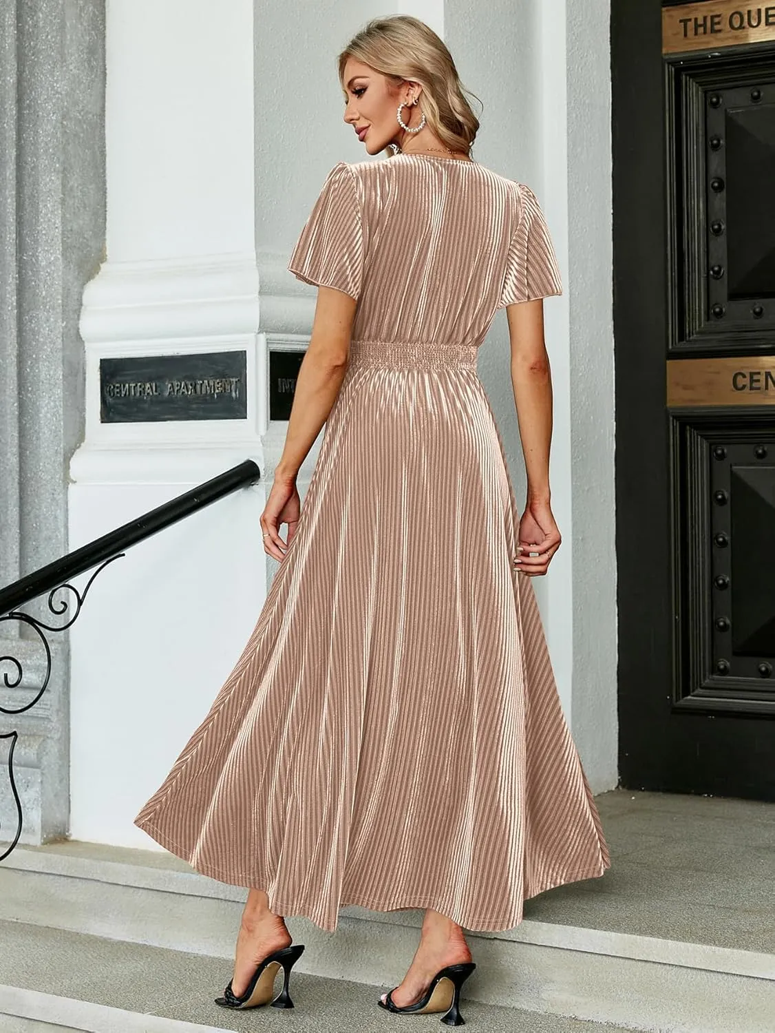 Simplee Women’s V Neck Velvet Maxi Dress Short Sleeve Empire Waist Long Formal Dress for Wedding Guest