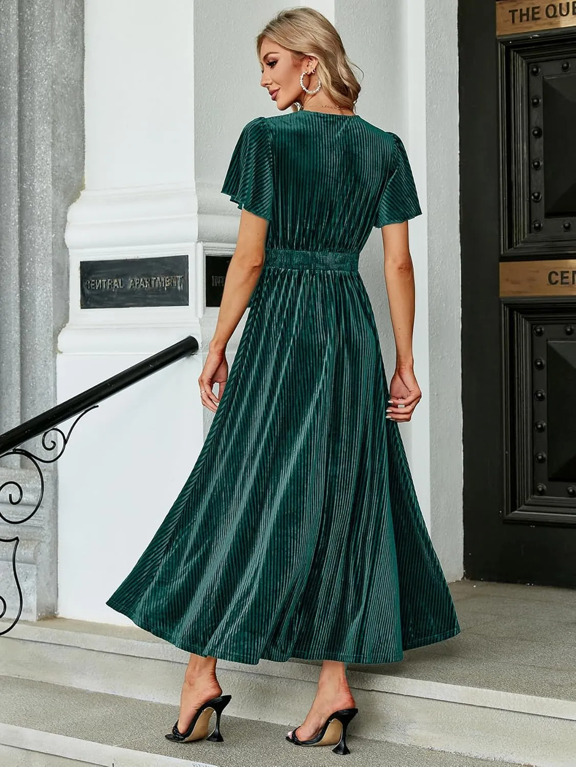 Simplee Women’s V Neck Velvet Maxi Dress Short Sleeve Empire Waist Long Formal Dress for Wedding Guest