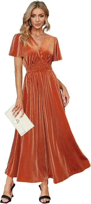 Simplee Women’s V Neck Velvet Maxi Dress Short Sleeve Empire Waist Long Formal Dress for Wedding Guest