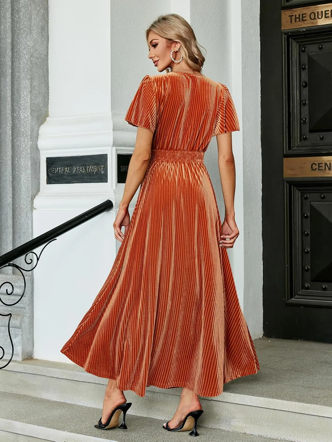 Simplee Women’s V Neck Velvet Maxi Dress Short Sleeve Empire Waist Long Formal Dress for Wedding Guest
