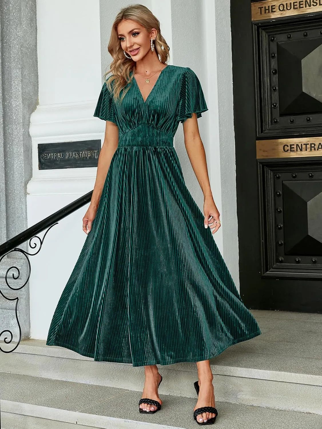 Simplee Women’s V Neck Velvet Maxi Dress Short Sleeve Empire Waist Long Formal Dress for Wedding Guest