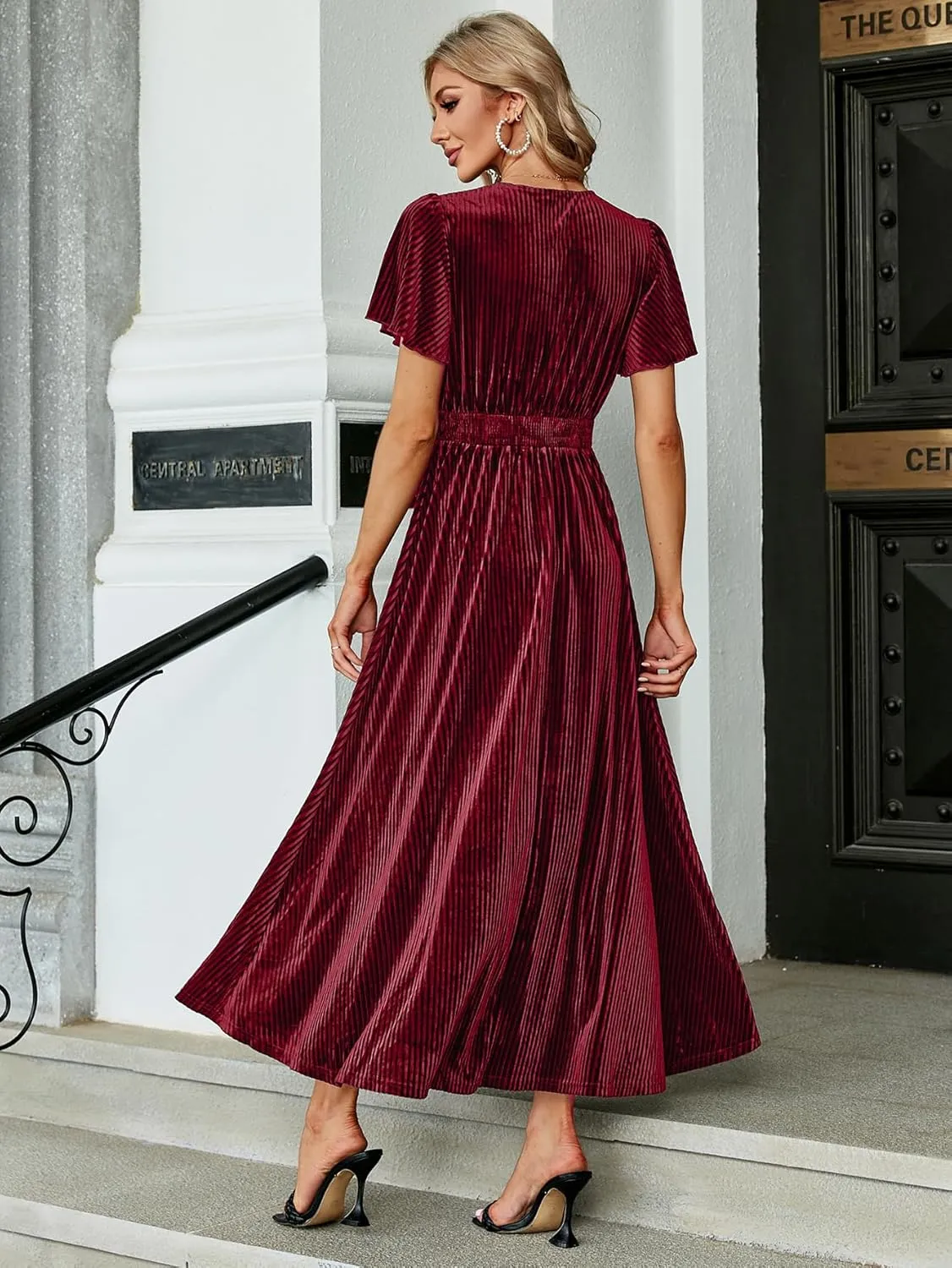 Simplee Women’s V Neck Velvet Maxi Dress Short Sleeve Empire Waist Long Formal Dress for Wedding Guest