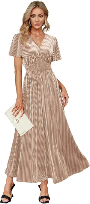 Simplee Women’s V Neck Velvet Maxi Dress Short Sleeve Empire Waist Long Formal Dress for Wedding Guest