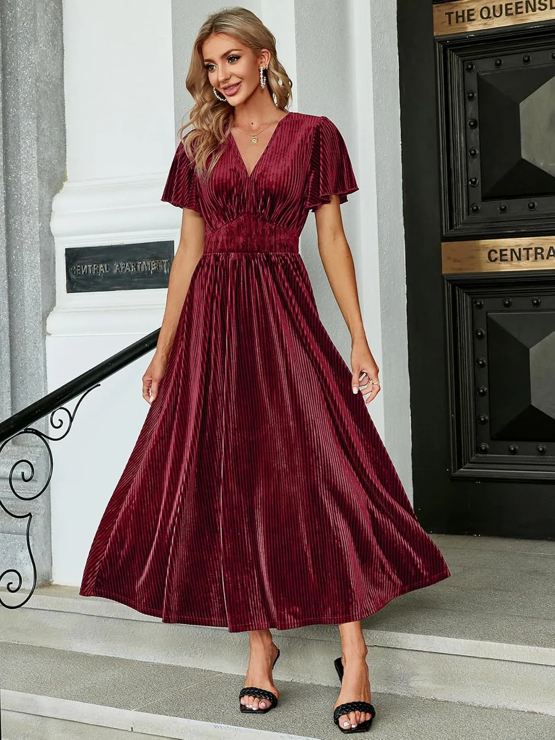 Simplee Women’s V Neck Velvet Maxi Dress Short Sleeve Empire Waist Long Formal Dress for Wedding Guest
