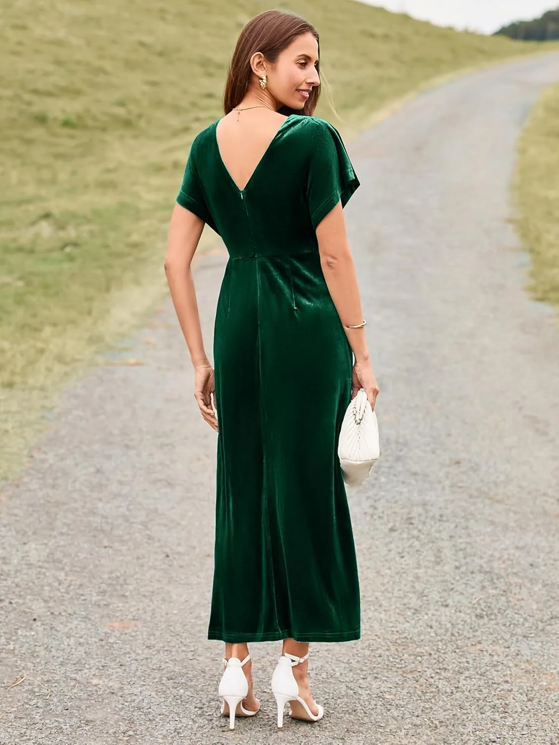 Simplee Women's Velvet Maxi Dress Short Sleeve V Neck Fall Wedding Guest Dress Twiss Front Long Formal Bodycon Prom Dress
